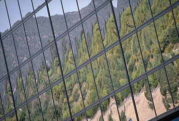 Photo: Landscape reflected in windows of a building in Los Angeles
