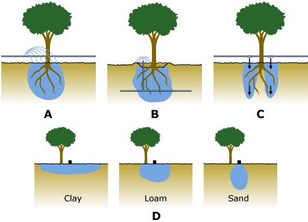 Figure 8. Micro-spray (a), bubbler (b), and dual-drip (c) irrigation of trees and shrubs, and the wetting patterns of drip irrigation in clayey, loamy, and sandy soils (d). From FAO, 1997