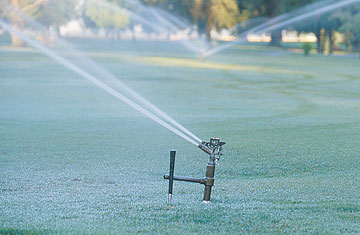 Photo: Landscape being irrigated by sprinklers
