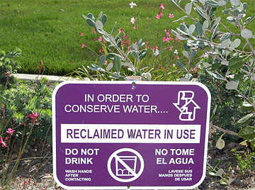 Sign indicating use of recycled water at irrigation site